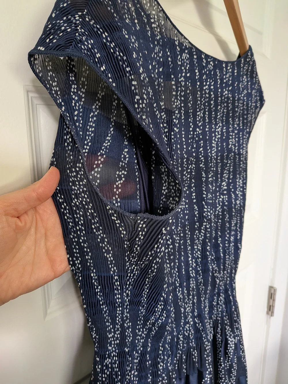 Navy Printed Cap-Sleeve Dress with Coral Hem - Picture 8 of 9